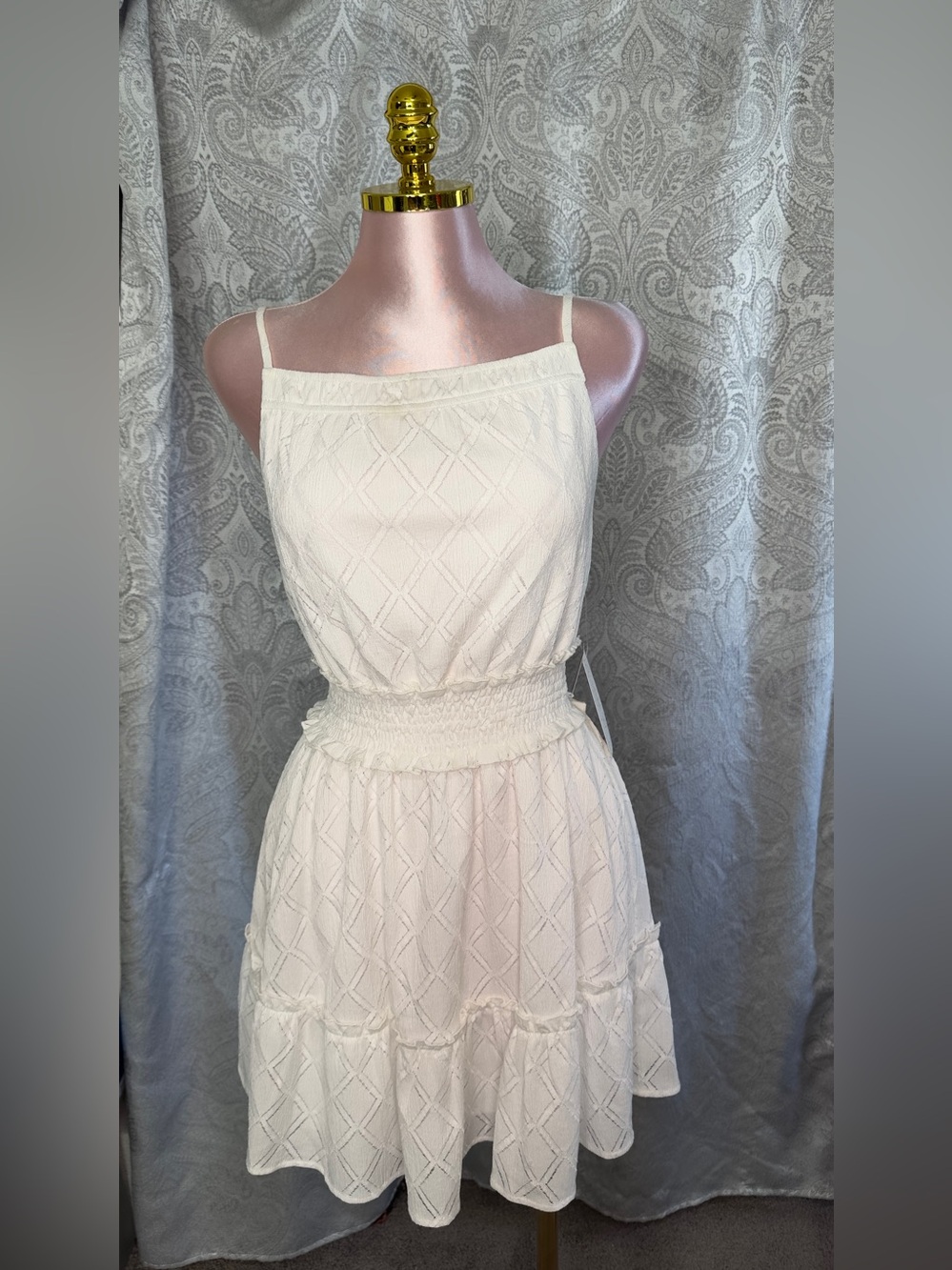 Sienna Sky White Textured Smocked-Waist Mini Dress